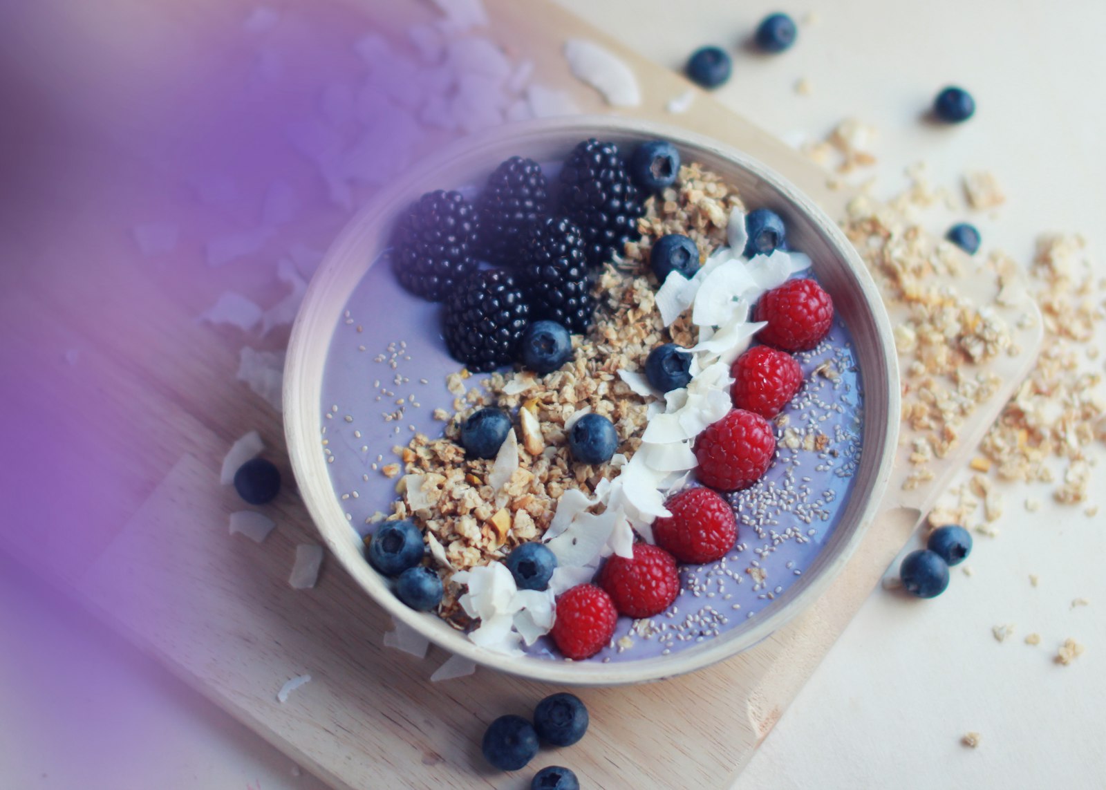 Purple blueberry vanilla breakfast with berries and coconut