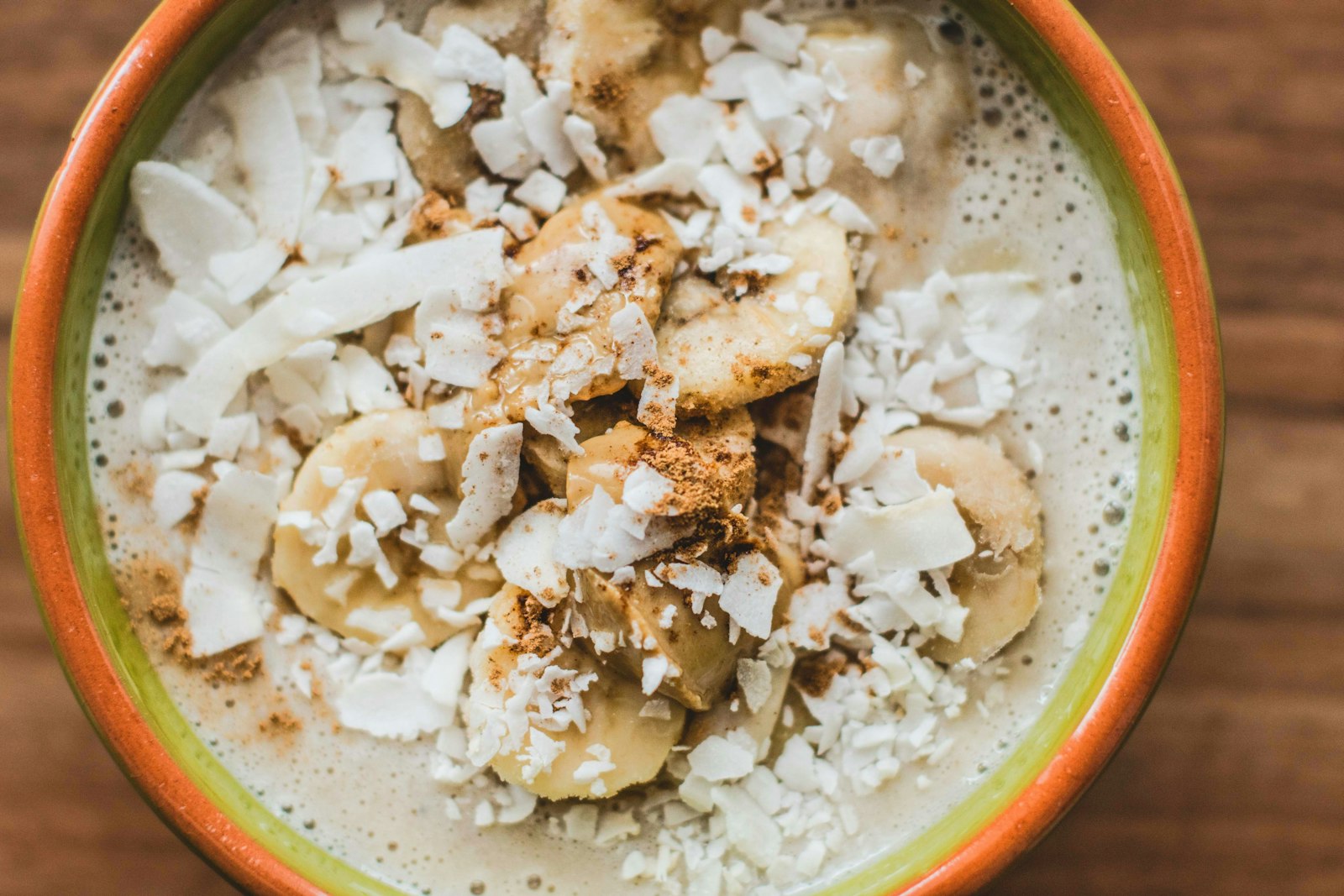 Pina colada style breakfast with banana and toasted coconut