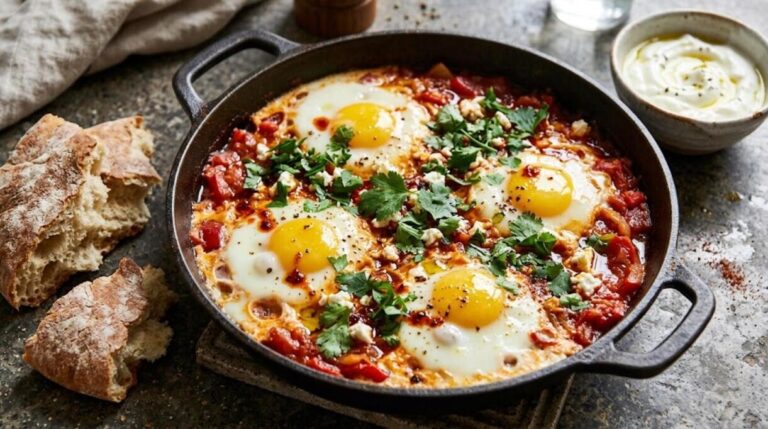Shakshuka savory breakfast in a cast iron skillet