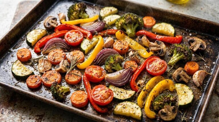 Sheet pan of colorful roasted vegetables
