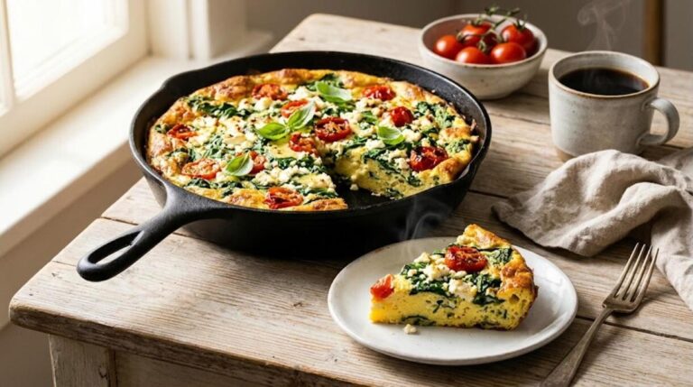 Egg breakfasts: spinach and feta frittata in a cast iron skillet with a slice on a plate