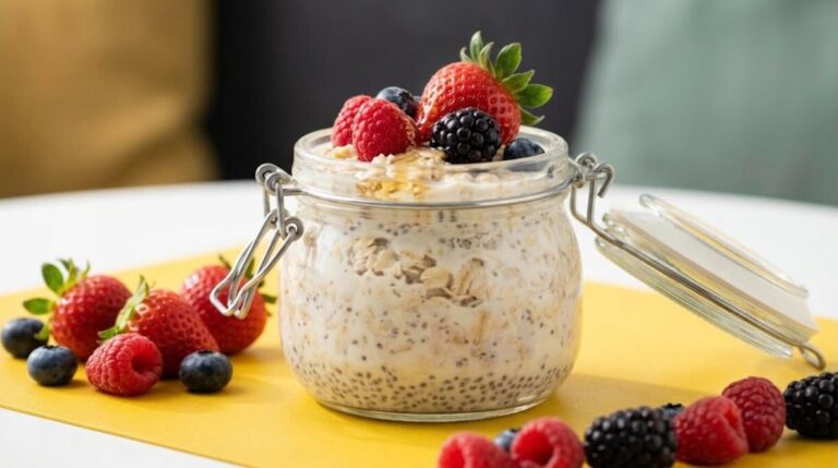 Vanilla berry overnight oats in a glass jar