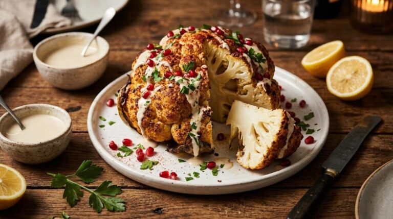 Cauliflower recipes: whole roasted cauliflower with tahini and pomegranate