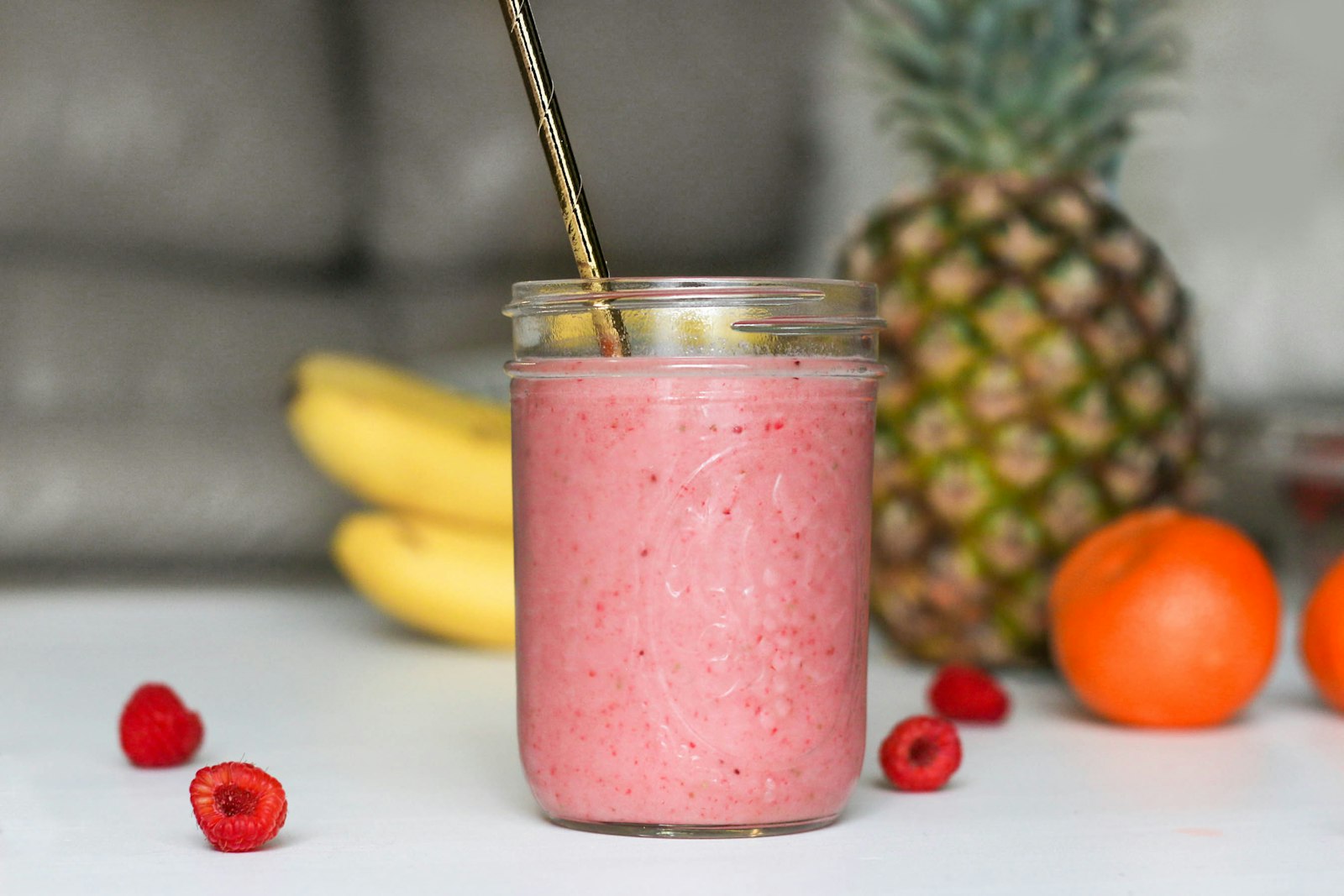 Pink smoothie with tropical fruit