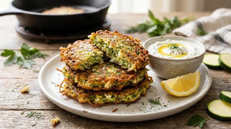 Vegetable fritters: crispy zucchini fritters with garlic yogurt dip and lemon