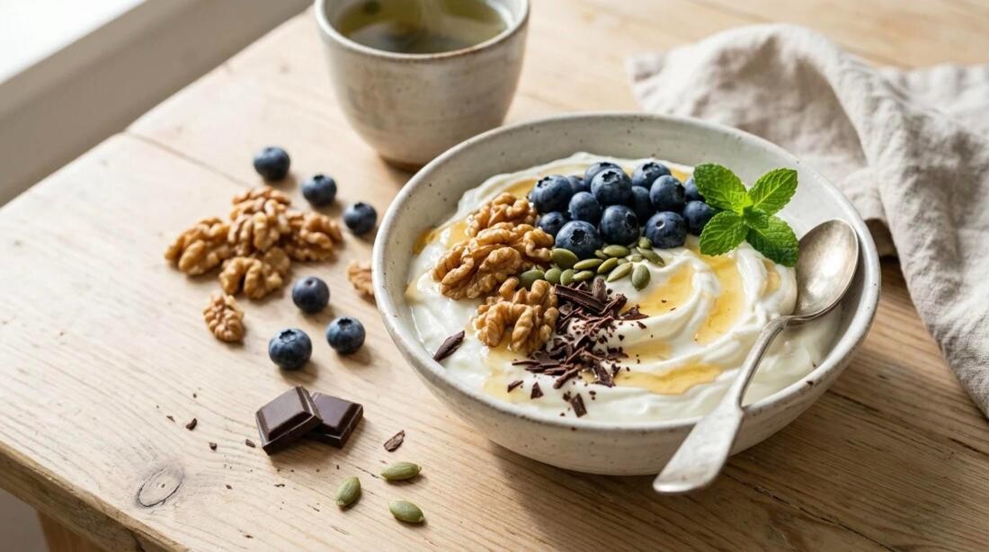 Brain foods: Greek yogurt bowl with blueberries, walnuts and dark chocolate