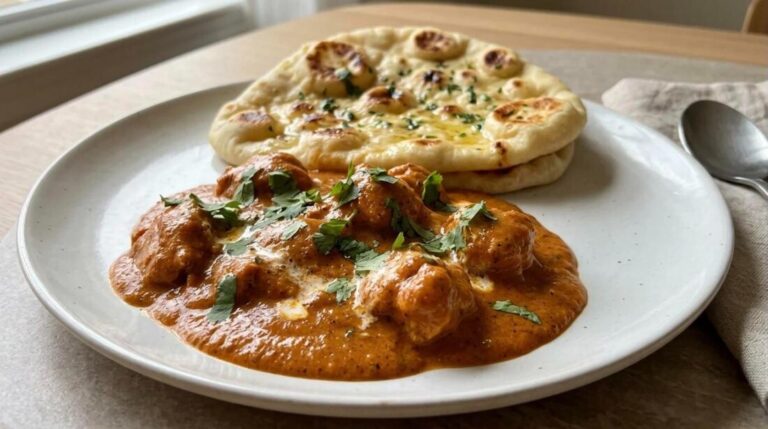 Easy curry recipes: creamy butter chicken curry with garlic naan on a white plate