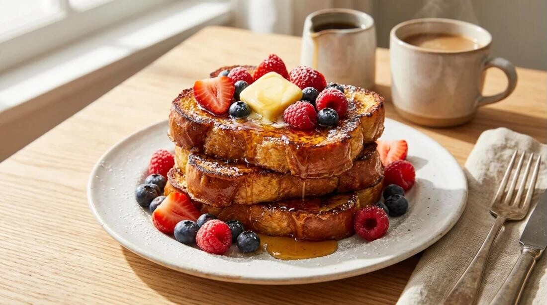 French toast stack with fresh berries, butter and maple syrup
