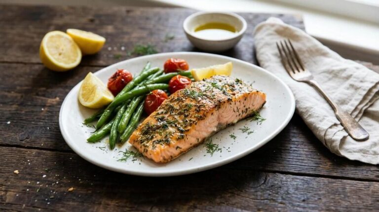 Heart healthy dinners: baked salmon with green beans and tomatoes