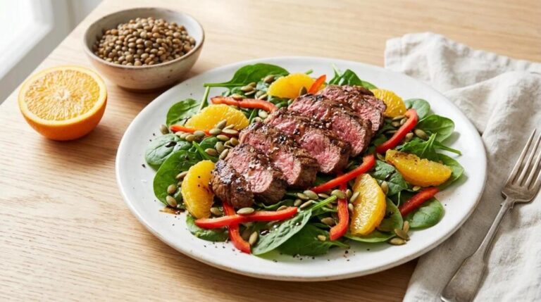 Iron rich foods: steak and spinach salad with oranges and pumpkin seeds