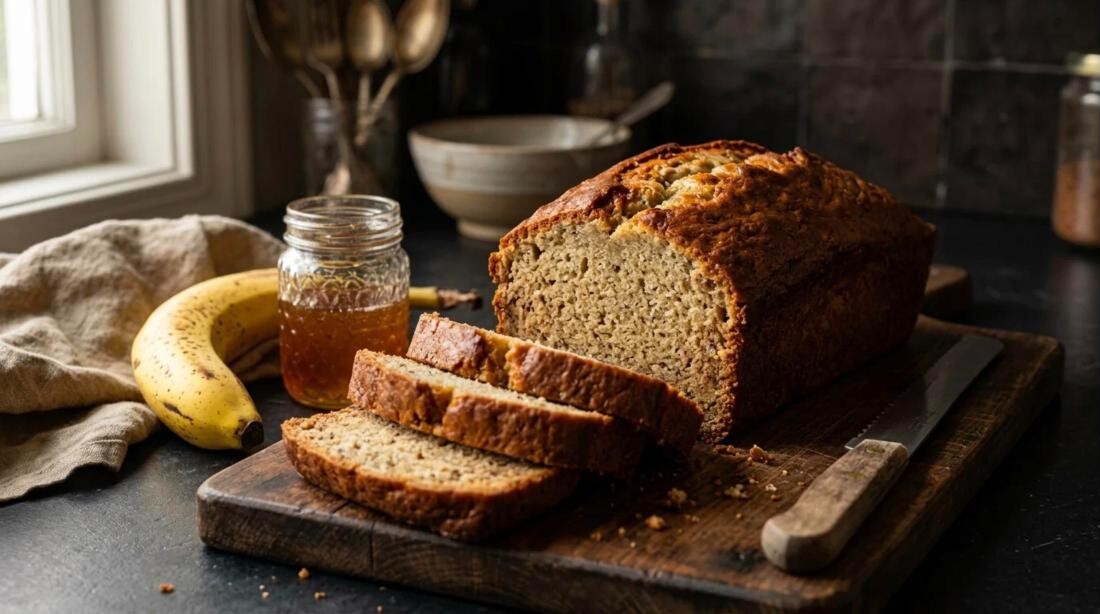 Quick breads: moist banana bread loaf sliced on a wooden board
