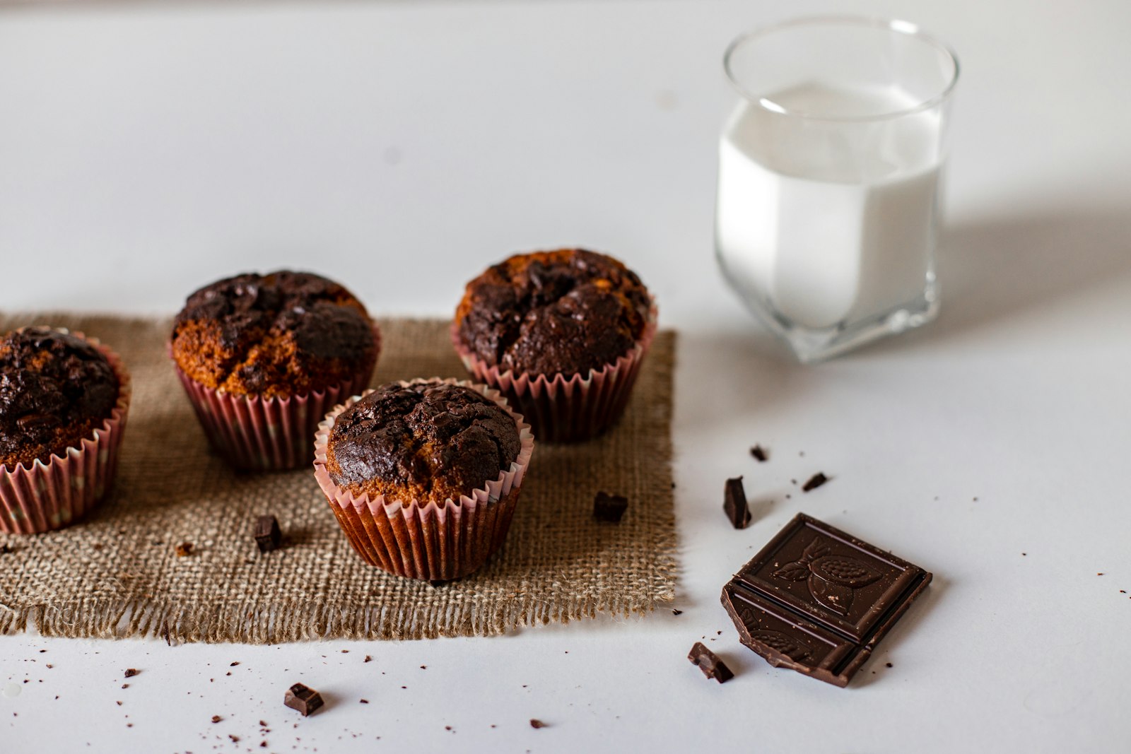 Double chocolate muffins with a glass of milk
