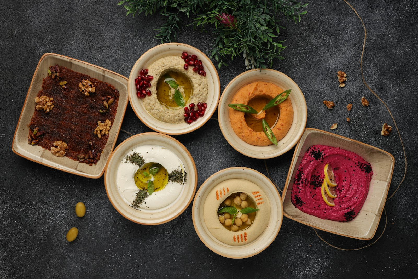 Pink beet hummus with other dips