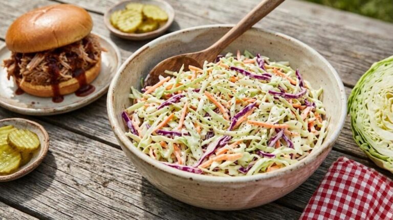 Classic creamy coleslaw with green and purple cabbage