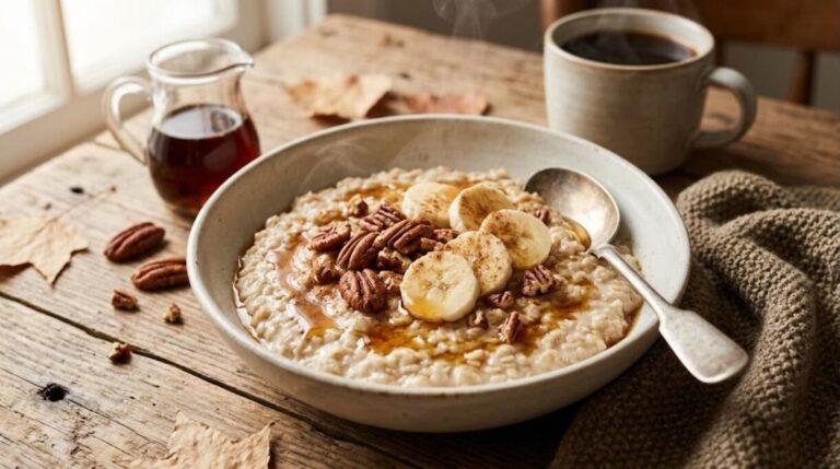 Maple pecan oat porridge with banana slices