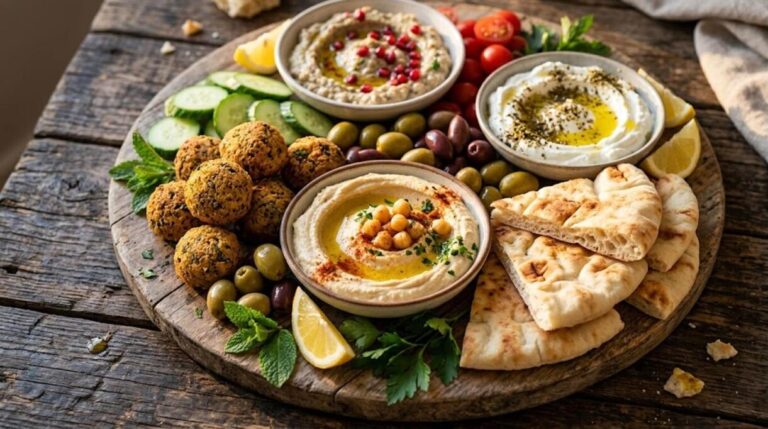 Homemade mezze platter with dips, falafel and pita