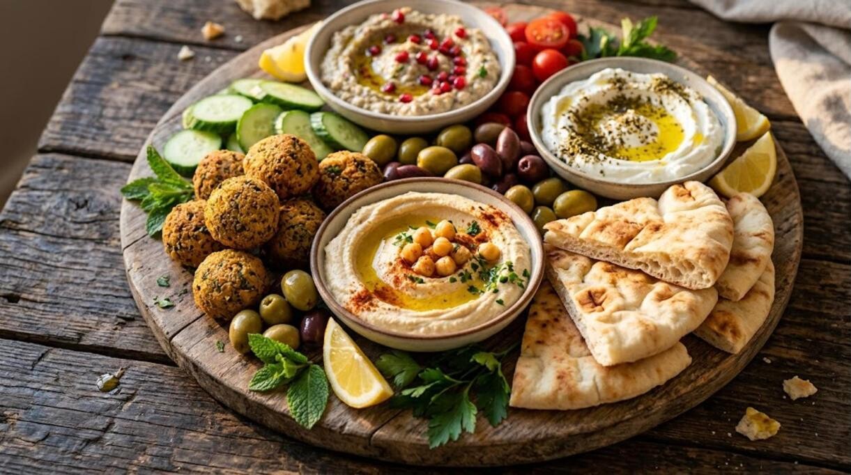 Homemade mezze platter with dips, falafel and pita