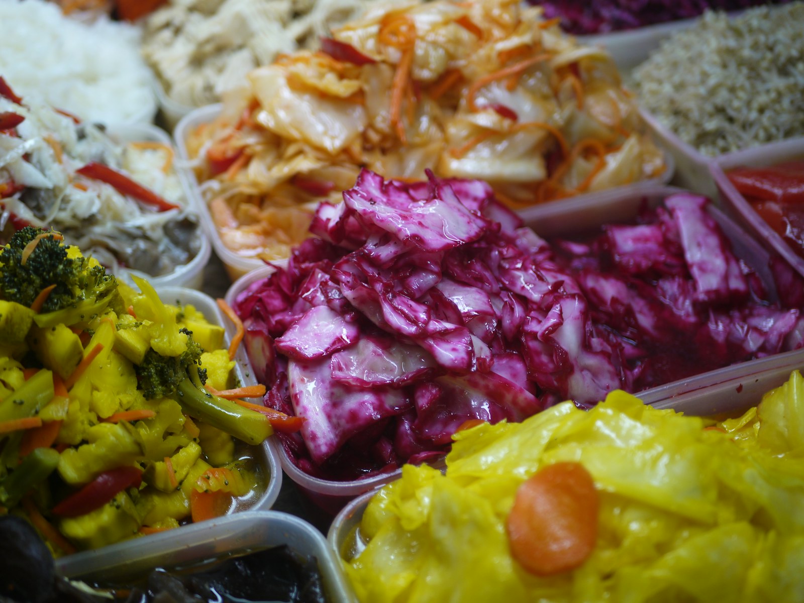 Red cabbage and peppers in brine at a market