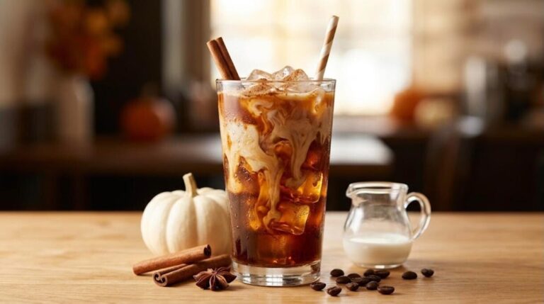 Pumpkin spice iced coffee with milk swirling into the glass
