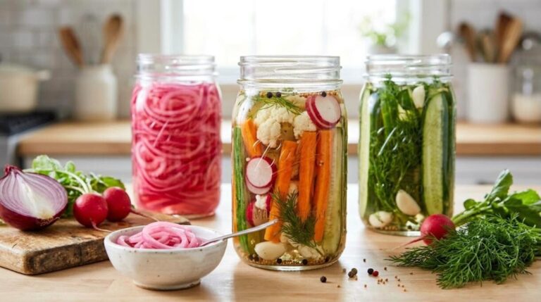 Rainbow jar of mixed quick pickles