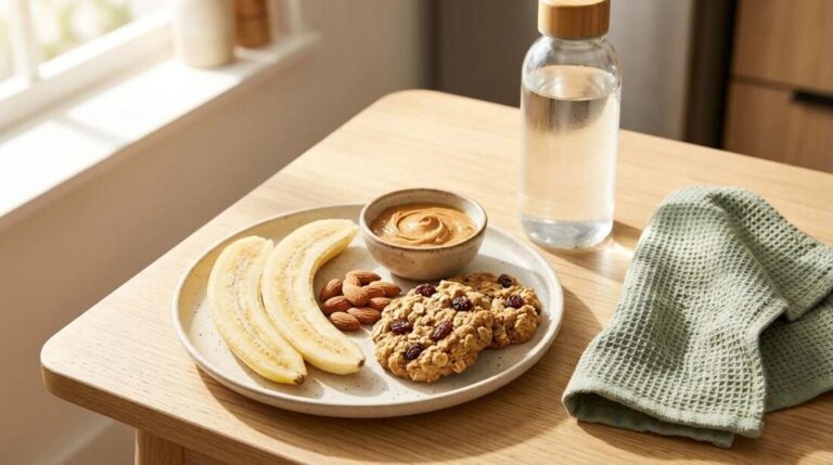 Pre workout snacks plate with banana, almonds, oat raisin cookies and peanut butter next to a water bottle