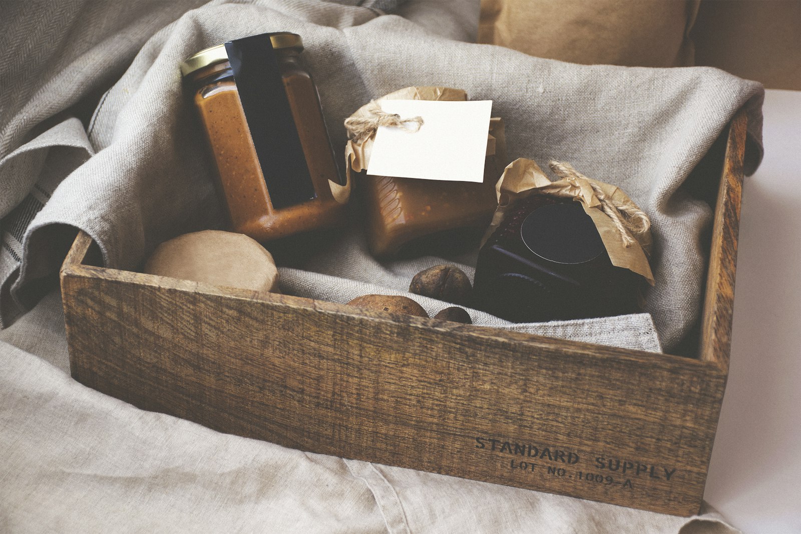 Rustic basket packed with homemade treats as gifts