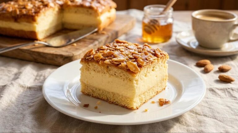 Slice of Bienenstich bee sting cake with honey almond topping and cream filling