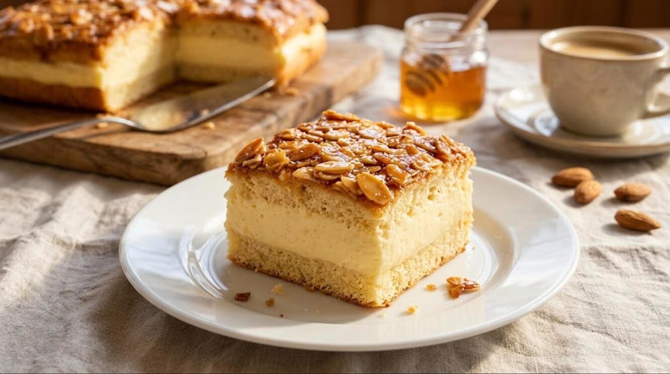 Slice of Bienenstich bee sting cake with honey almond topping and cream filling