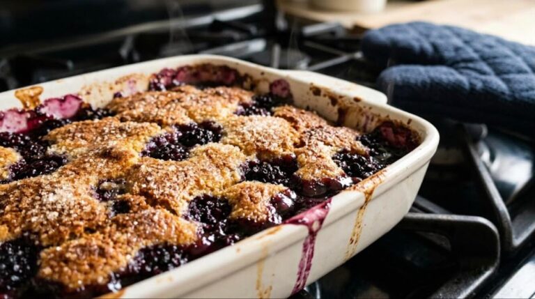 Golden blackberry cobbler, the star of easy cobbler recipes, in a white baking dish