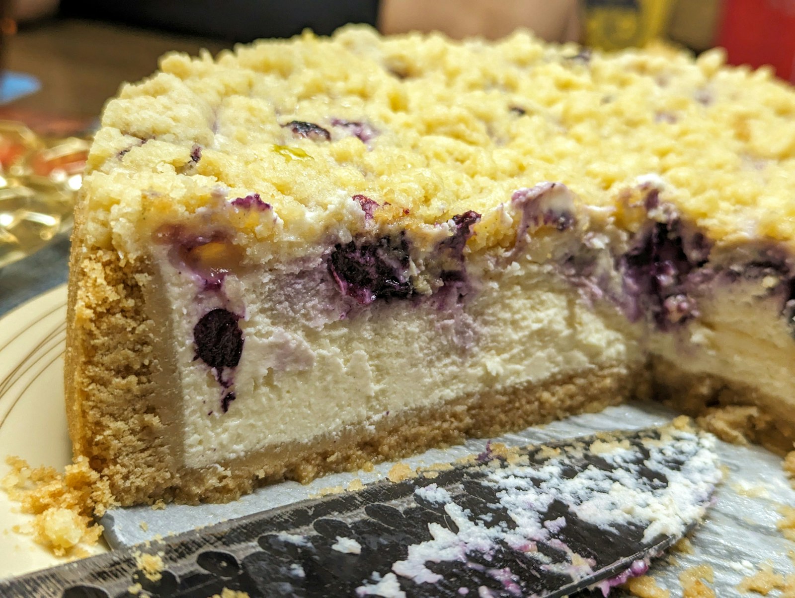 Blueberry cream cheese crumb cake close up