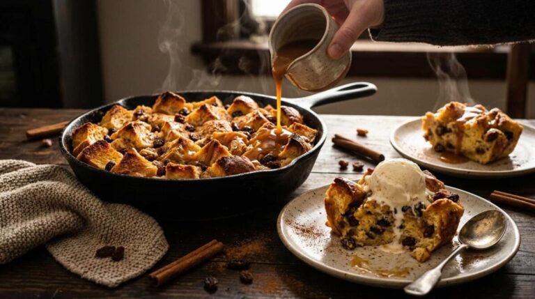 Bread pudding in a cast iron skillet with caramel sauce and ice cream
