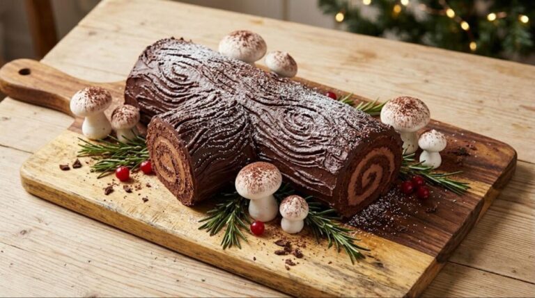 Chocolate Buche de Noel yule log, one of the classic Christmas desserts from France