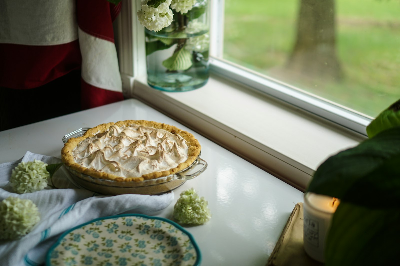 Golden coconut pie in a dish by the window