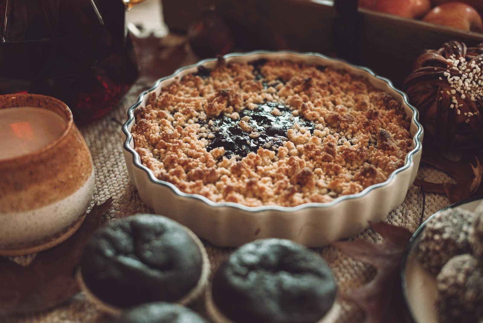 Blueberry crumble in a fluted baking dish