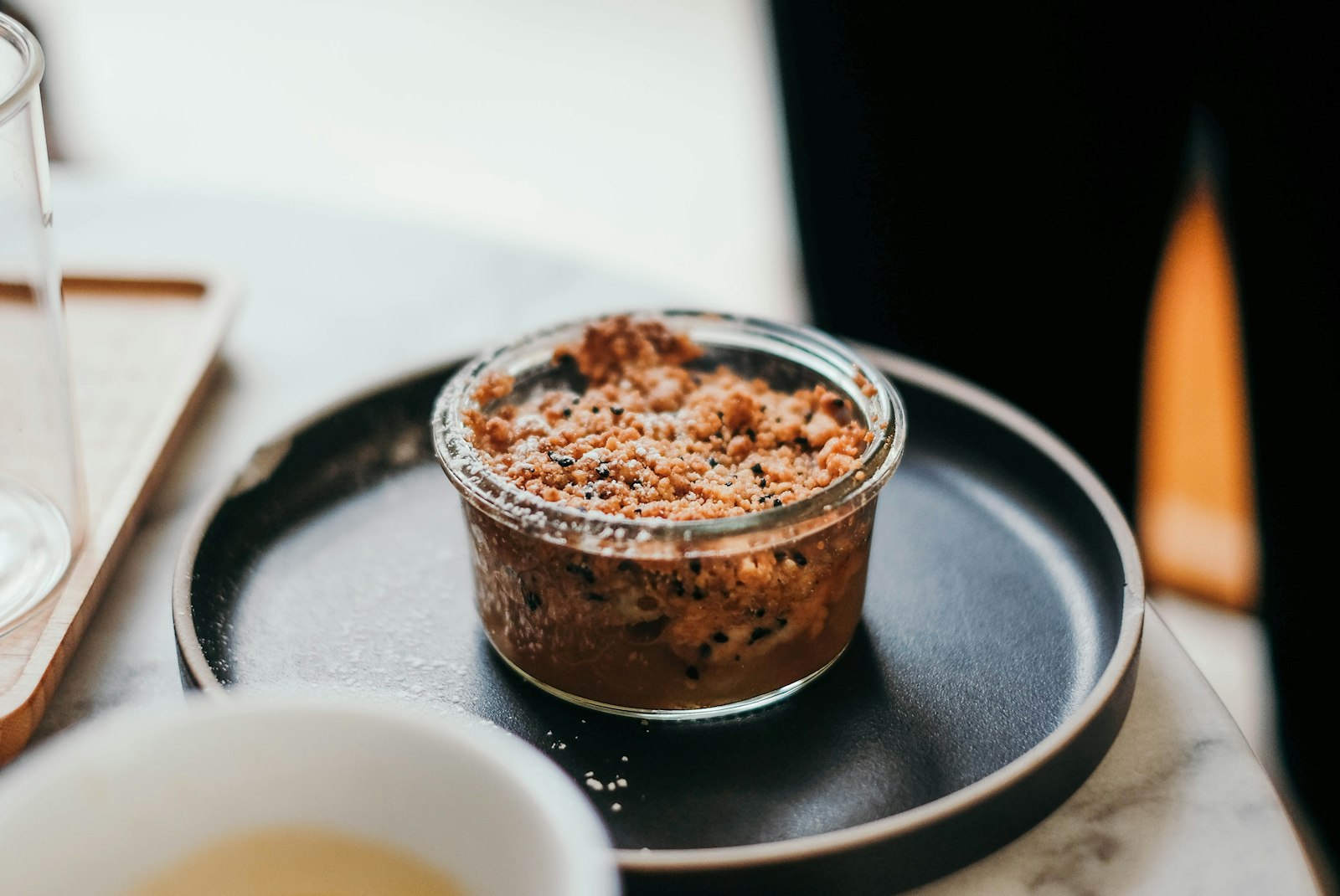 Fruit crumble baked in a small glass jar