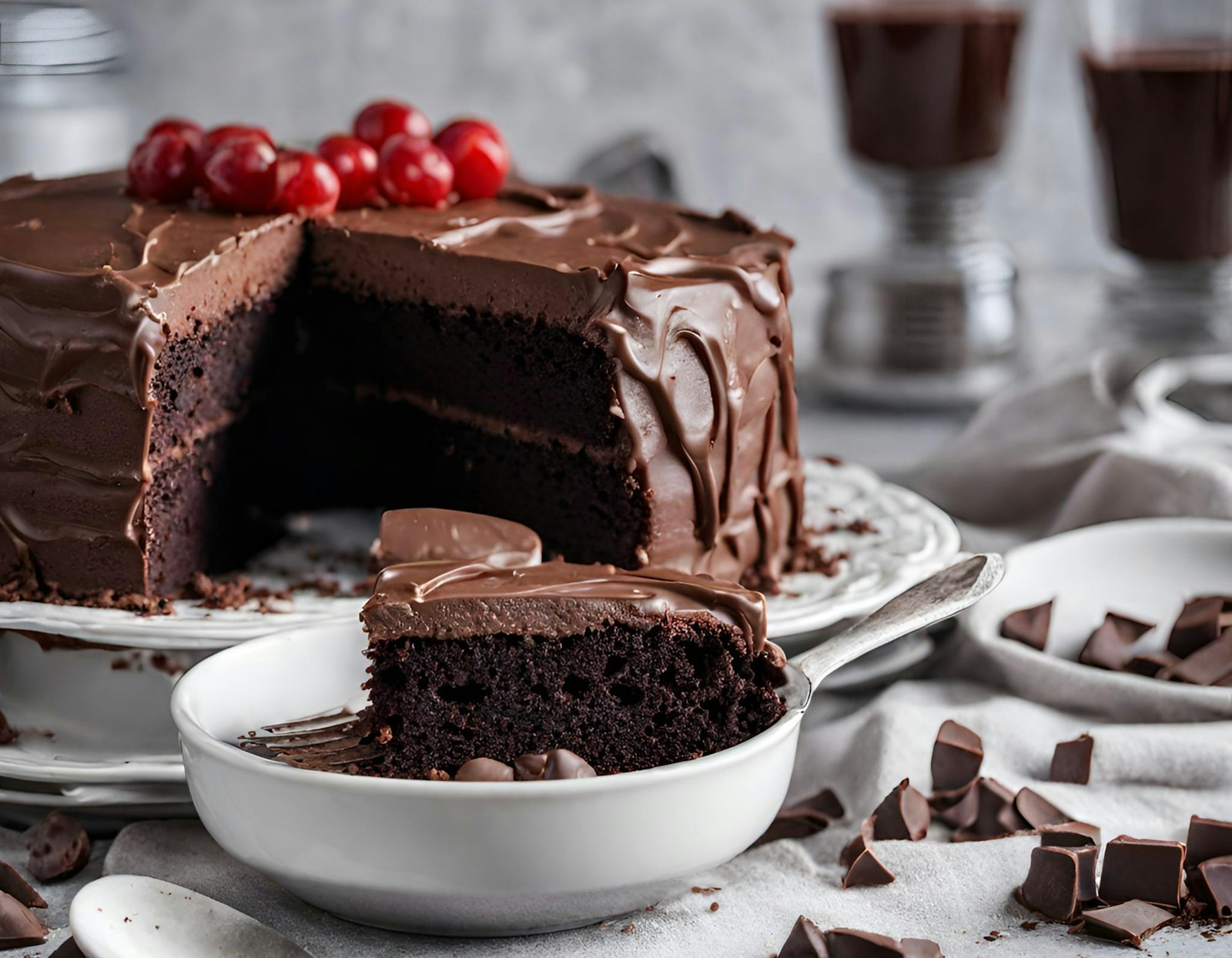 Tall chocolate layer cake slice with fudgy frosting