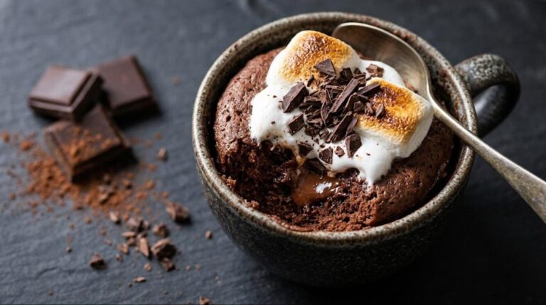 Gooey chocolate mug cake topped with toasted marshmallow in a stoneware mug