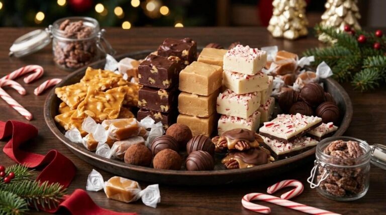 Christmas candy tray with fudge, peanut brittle, caramels and truffles