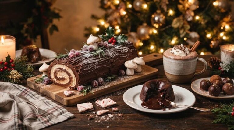 Christmas chocolate desserts table with yule log, lava cake and hot cocoa