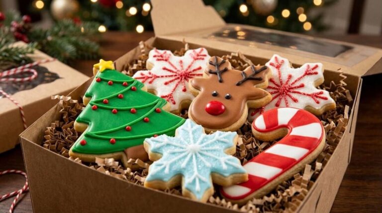 Decorated Christmas cookies shaped like a tree, reindeer, snowflakes and a candy cane in a kraft gift box