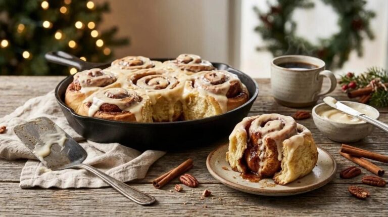 Skillet of homemade cinnamon rolls with cream cheese icing