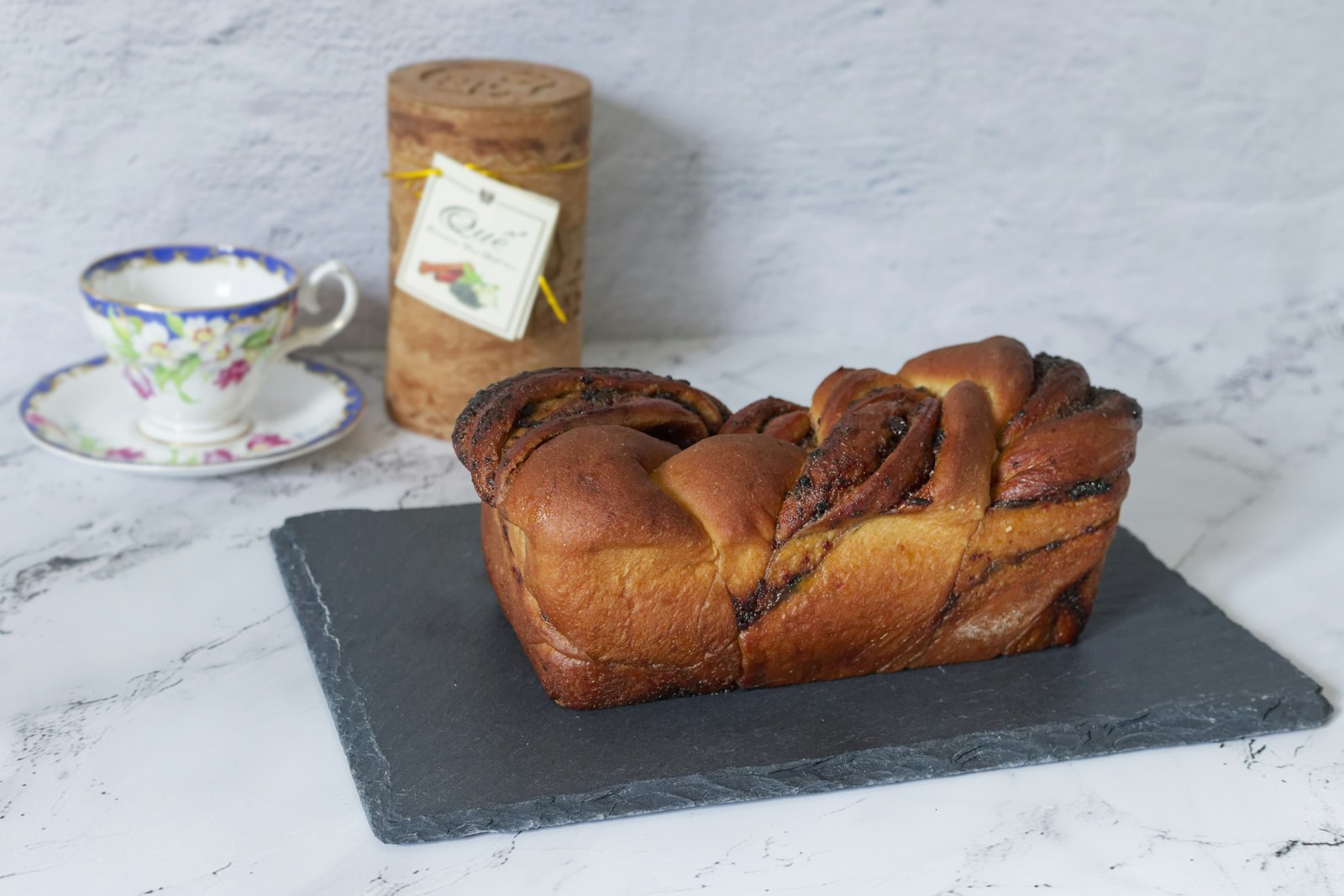 Swirl bread loaf with a cup of tea