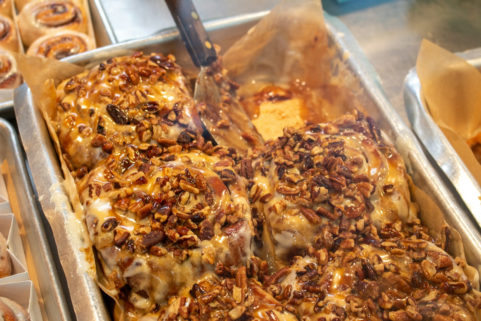 Pecan sticky buns in a baking pan