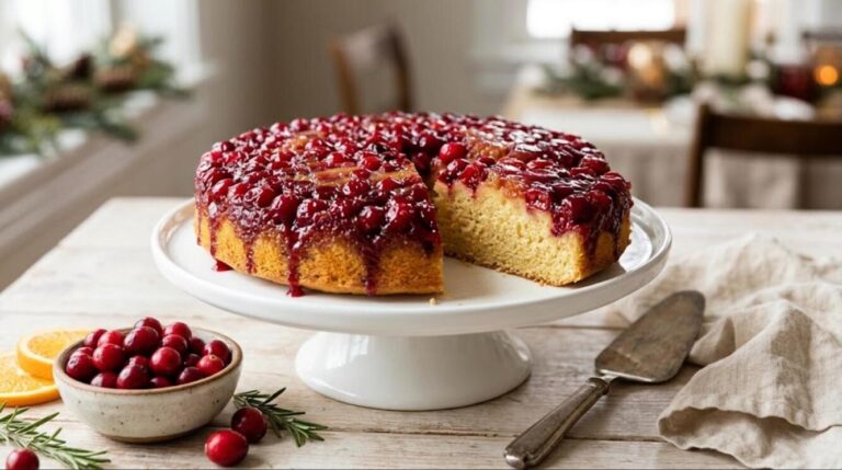 Cranberry upside down cake with glossy red berries on a cake stand