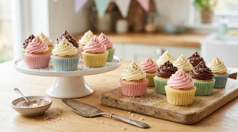 Cupcake recipes: frosted birthday cupcakes with sprinkles on a cake stand