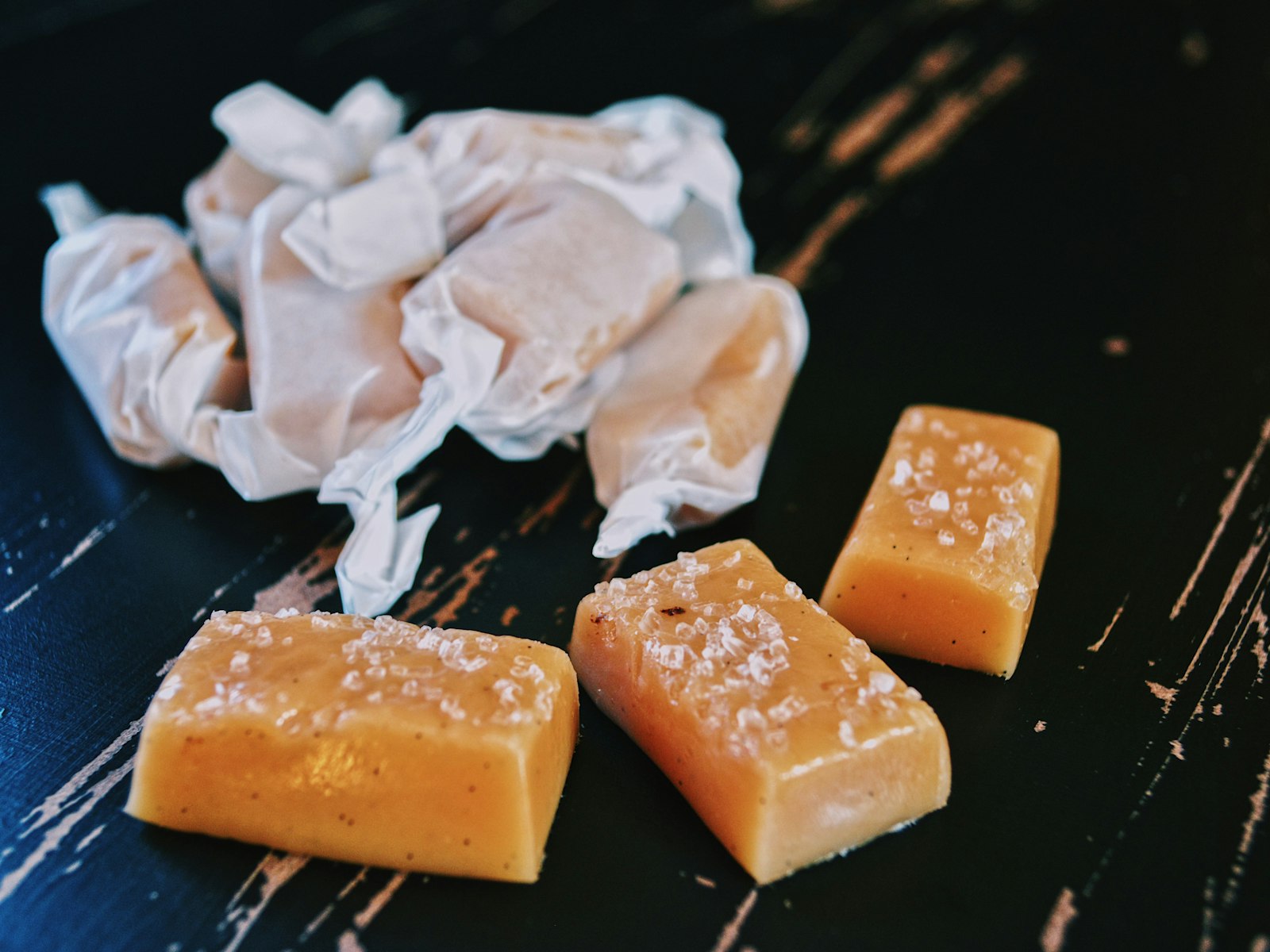 Soft salted caramels in wax paper