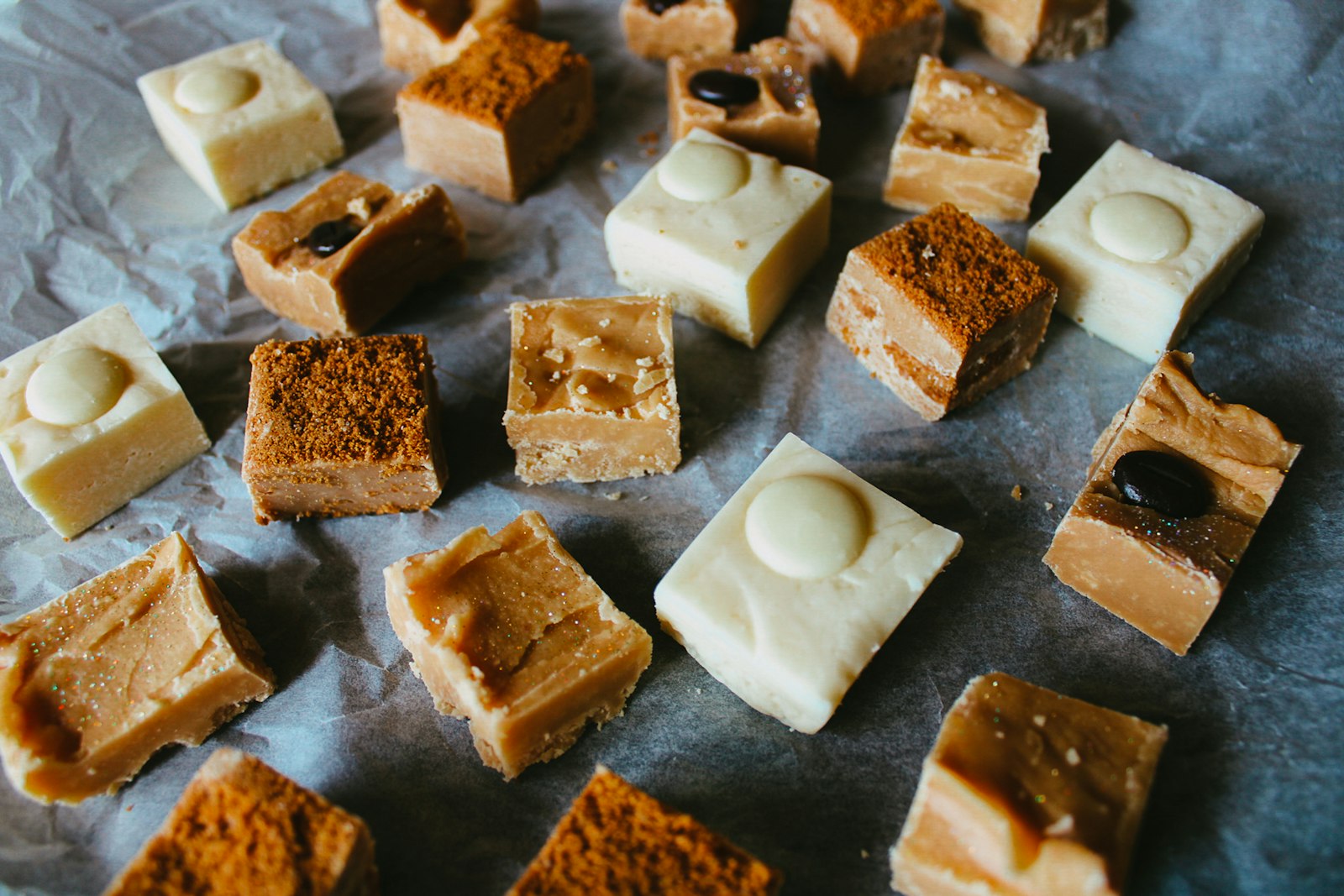 Vanilla and maple fudge squares on a tray