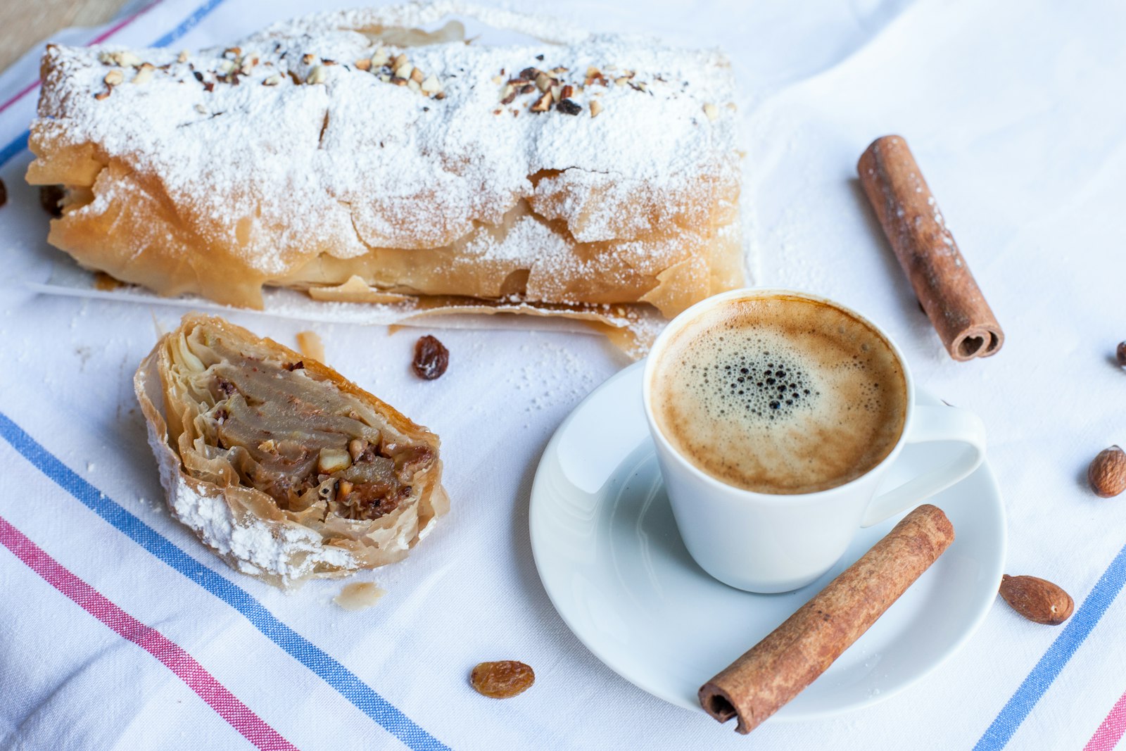 Austrian apple strudel with coffee and cinnamon