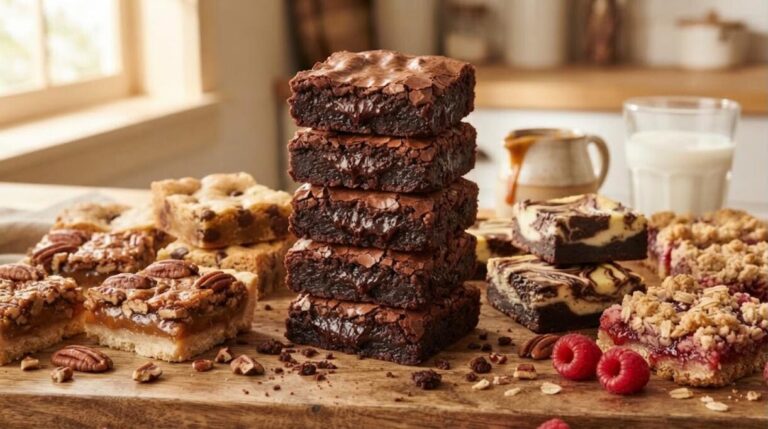 Stack of fudgy brownies with pecan and raspberry dessert bars on a wooden board