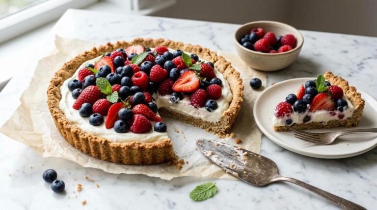 Low sugar desserts idea: berry tart with almond crust and yogurt filling topped with blueberries, raspberries and strawberries